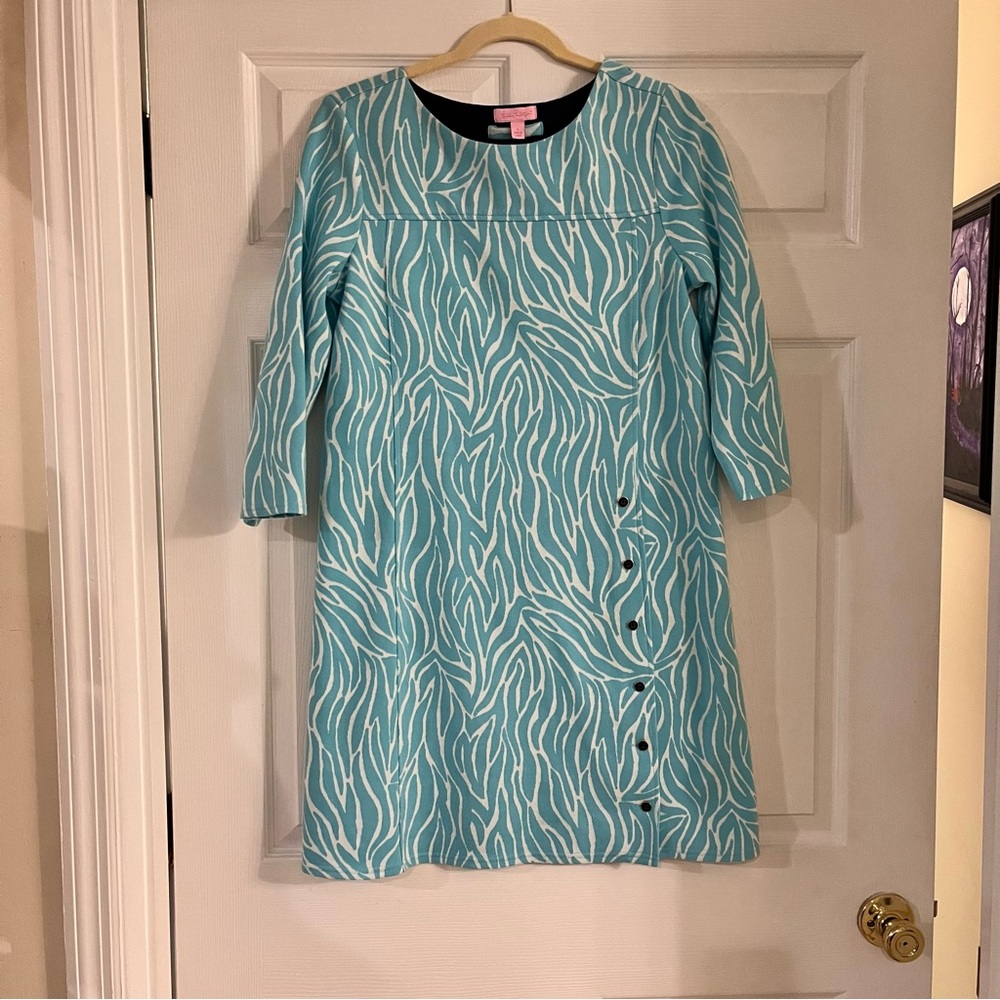 Lilly Pulitzer Jonah Dress blue white‎ zebra stripes navy buttons women’s large